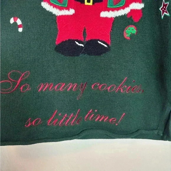 Quacker Factory Knit Christmas Holiday Sweater Santa Milk Cookies Green Medium - Picture 2 of 6